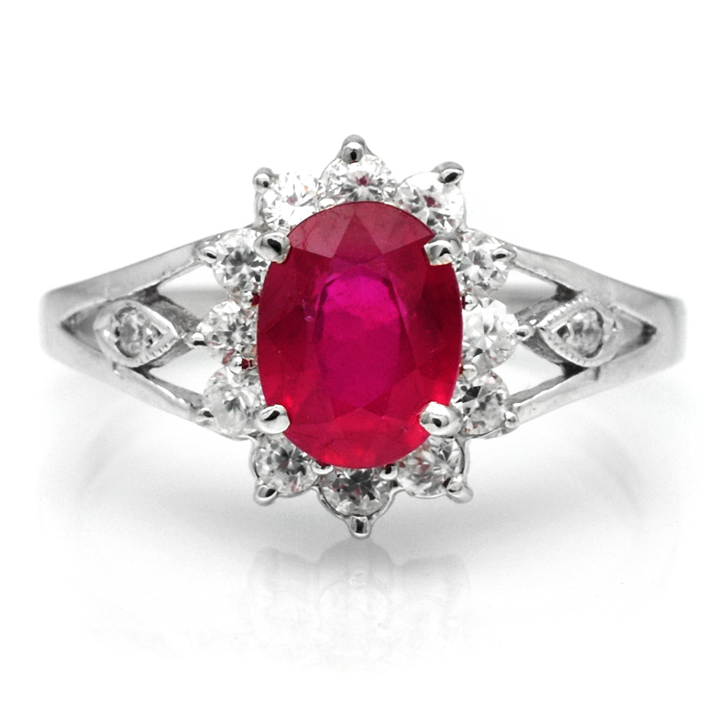 8x6mm Natural Rich Red Ruby Ring With White Topaz in 925 Silver #31099 