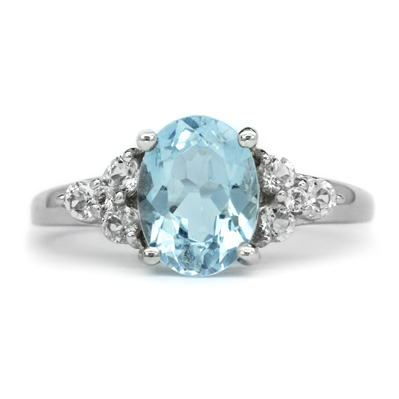 8x6mm Natural Light Blue Aquamarine Ring With Zircon in 925 Sterling ...