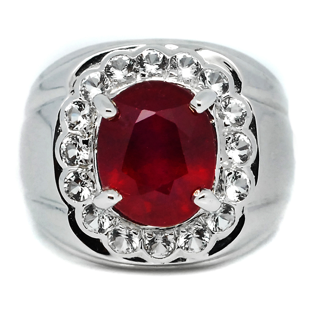 10x8mm Natural Rich Red Ruby Man Ring With Topaz in 925 Sterling Silver ...