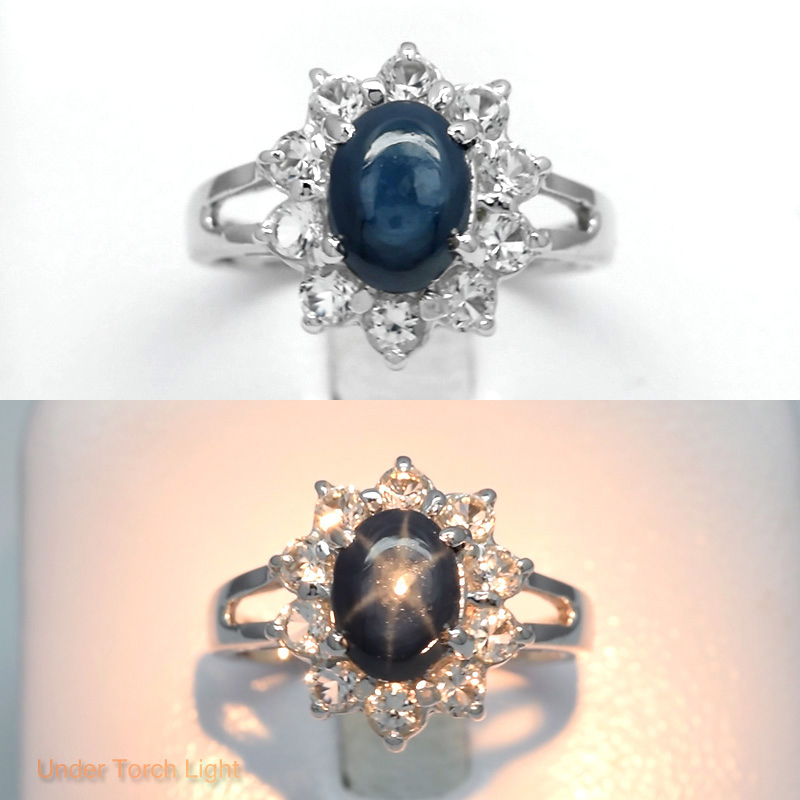 8x6mm Natural 6 Ray Blue Star-Sapphire Ring With Topaz in 925 Silver