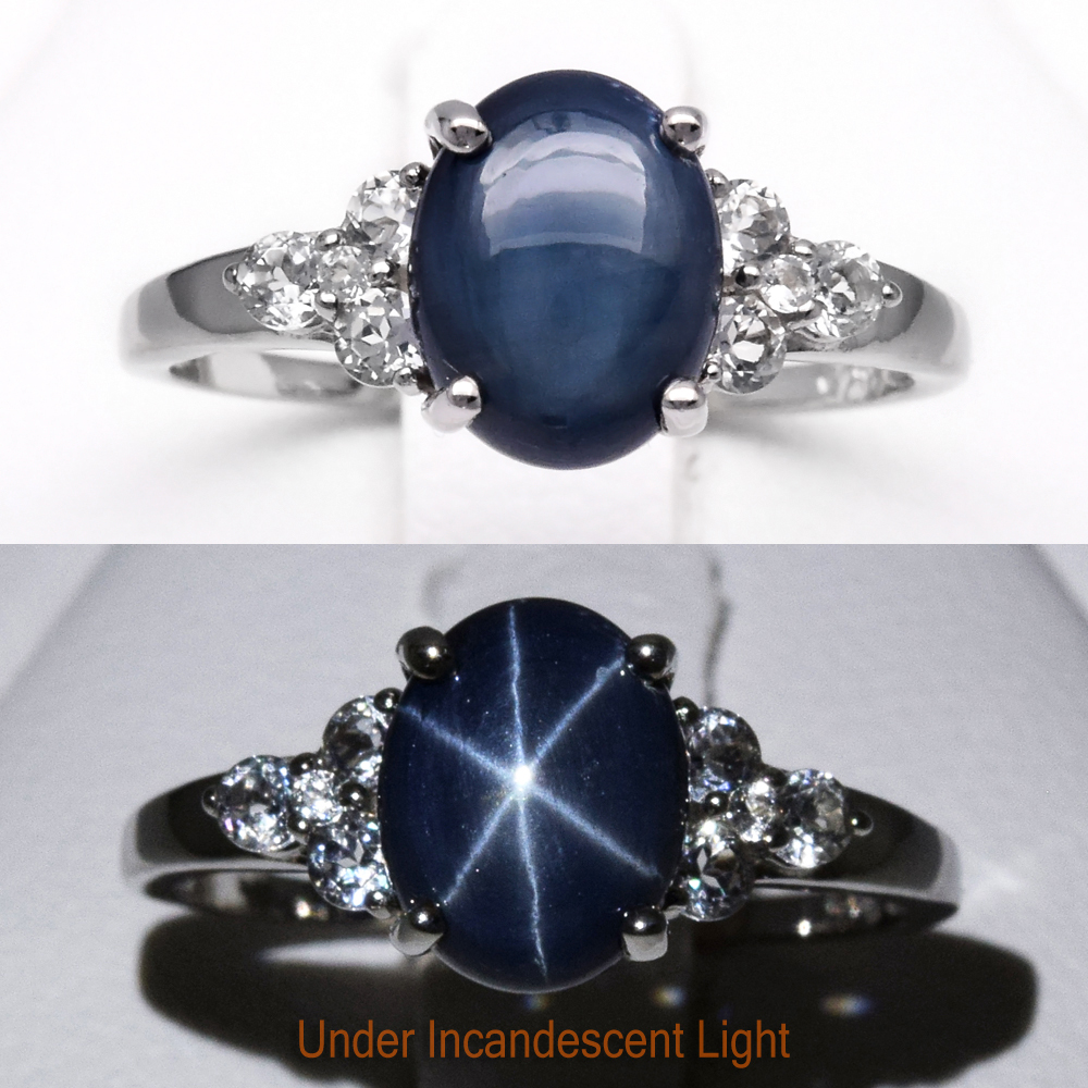 8x6mm Dark Blue Natural 6 Ray Star-Sapphire Ring With Topaz in 925 Silver