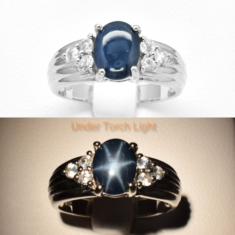 8x6mm Natural 6 Ray Blue Star-Sapphire Ring With Topaz in 925 Silver